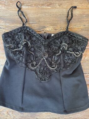 Gantos Y2K stretch black Camisole w/ mesh, ribbon and sequin embellishments L